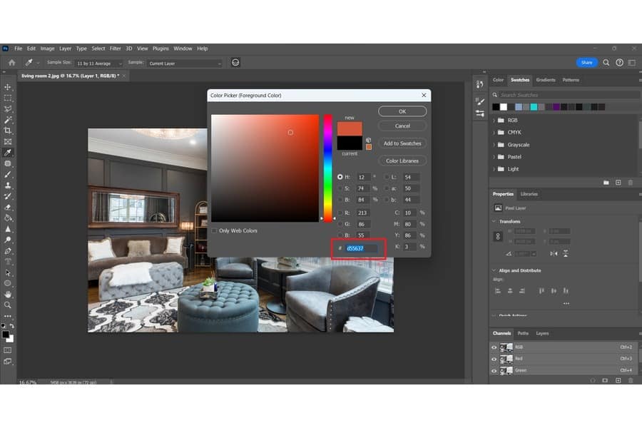 A Photoshop editor showing the Color Picker pop up window with a photo of living room on the background