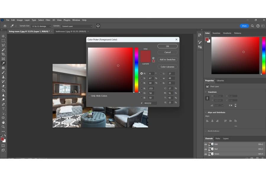 A Photoshop editor showing the Color Picker pop up window with the color red and a photo of living room on the background