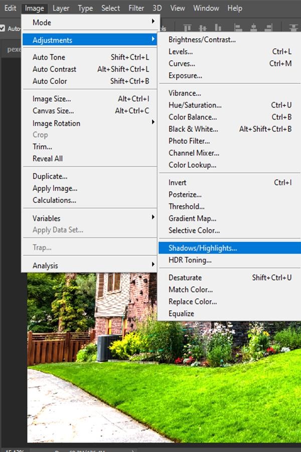Selecting the Shadows/ Highlights option in Photoshop