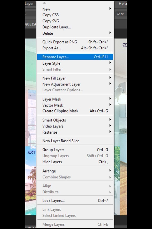 Renaming layers in Photoshop by the Layer Menu Option