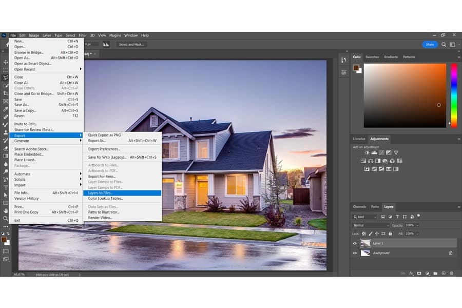 Choosing the export settings and file format while editing an image of a two storey house