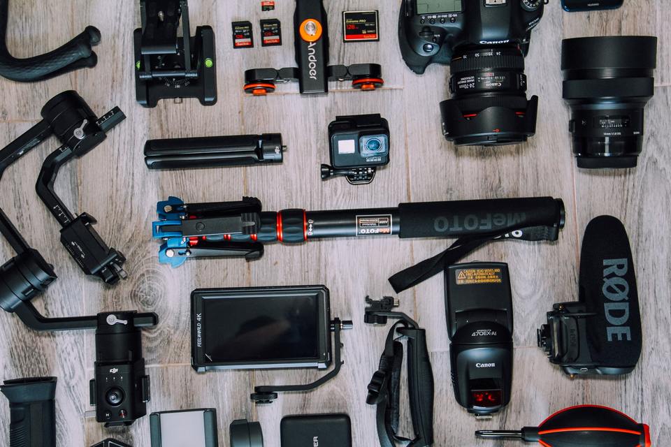 Flat lay of photography gear