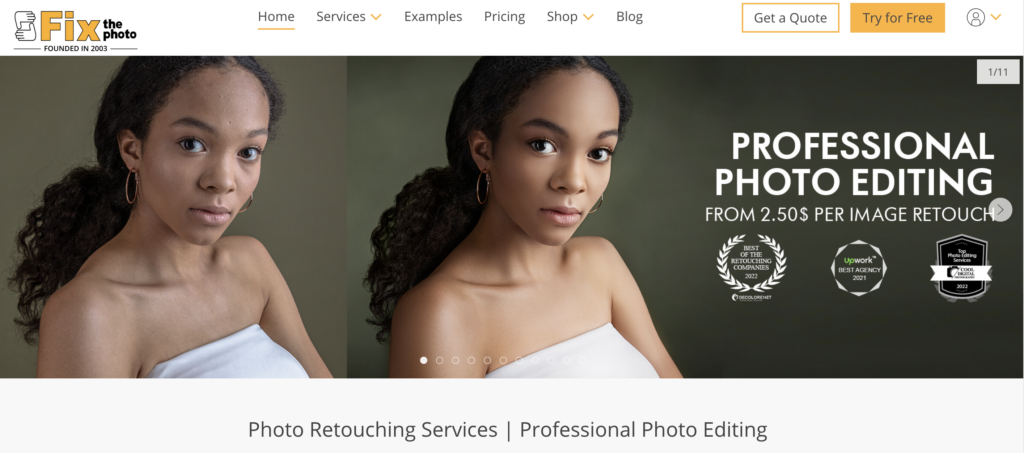 FixThePhoto homepage with a woman with curly hair wearing a white tube top and gold hoop earrings on a gray background